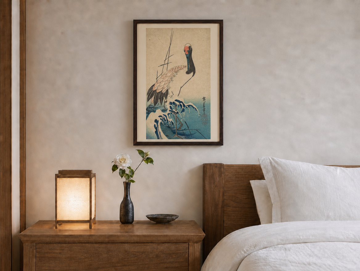 鶴と荒波 花鳥画 ベッドルーム