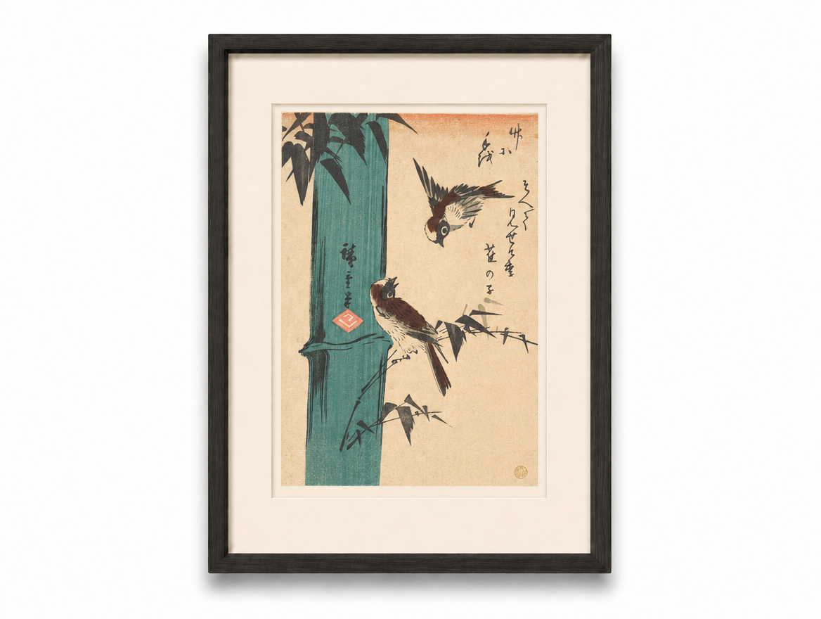 竹と雀 花鳥画 白背景